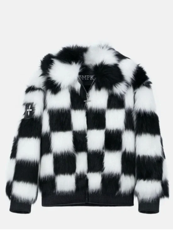 SMFK Plan C Checkered Faux Fur Bomber Jacket Black White Size 1 - Picture 3 of 13